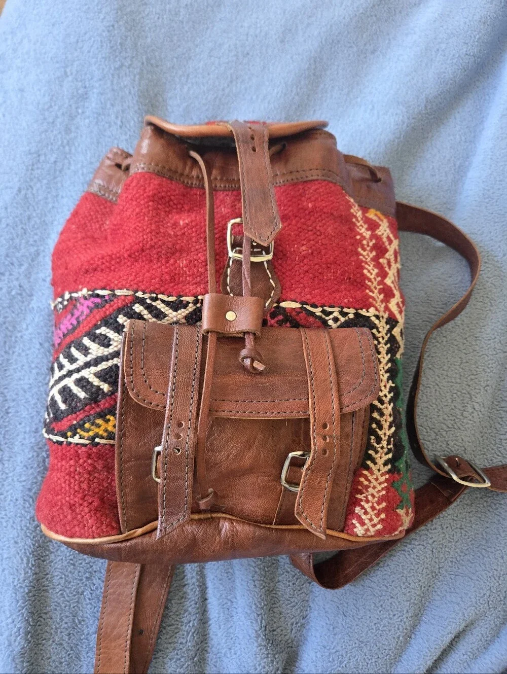 Handmade Moroccan Kilim Leather Backpack Red Southwestern Tribal Boho Rucksack - Picture 4 of 15